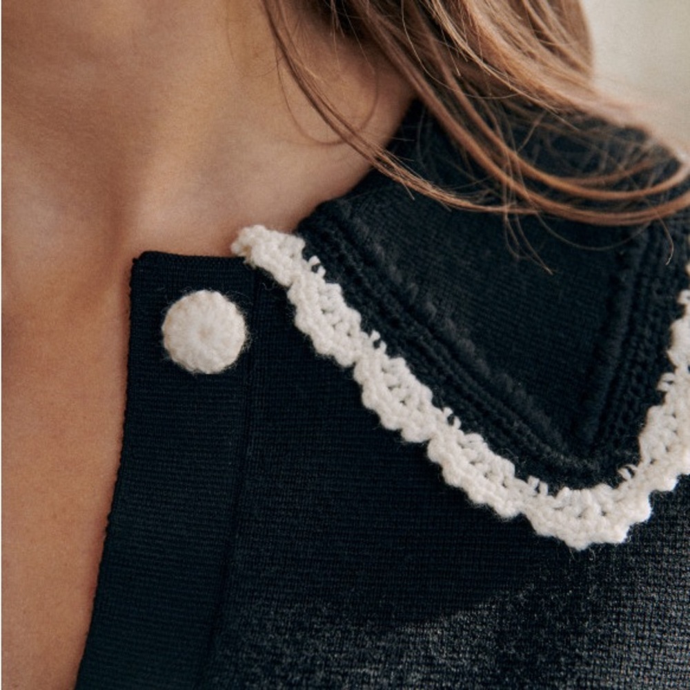 SEZANE BLOGGER Black White Fine Knit Bettany Cardigan Crochet Collared Sweater - Picture 9 of 16